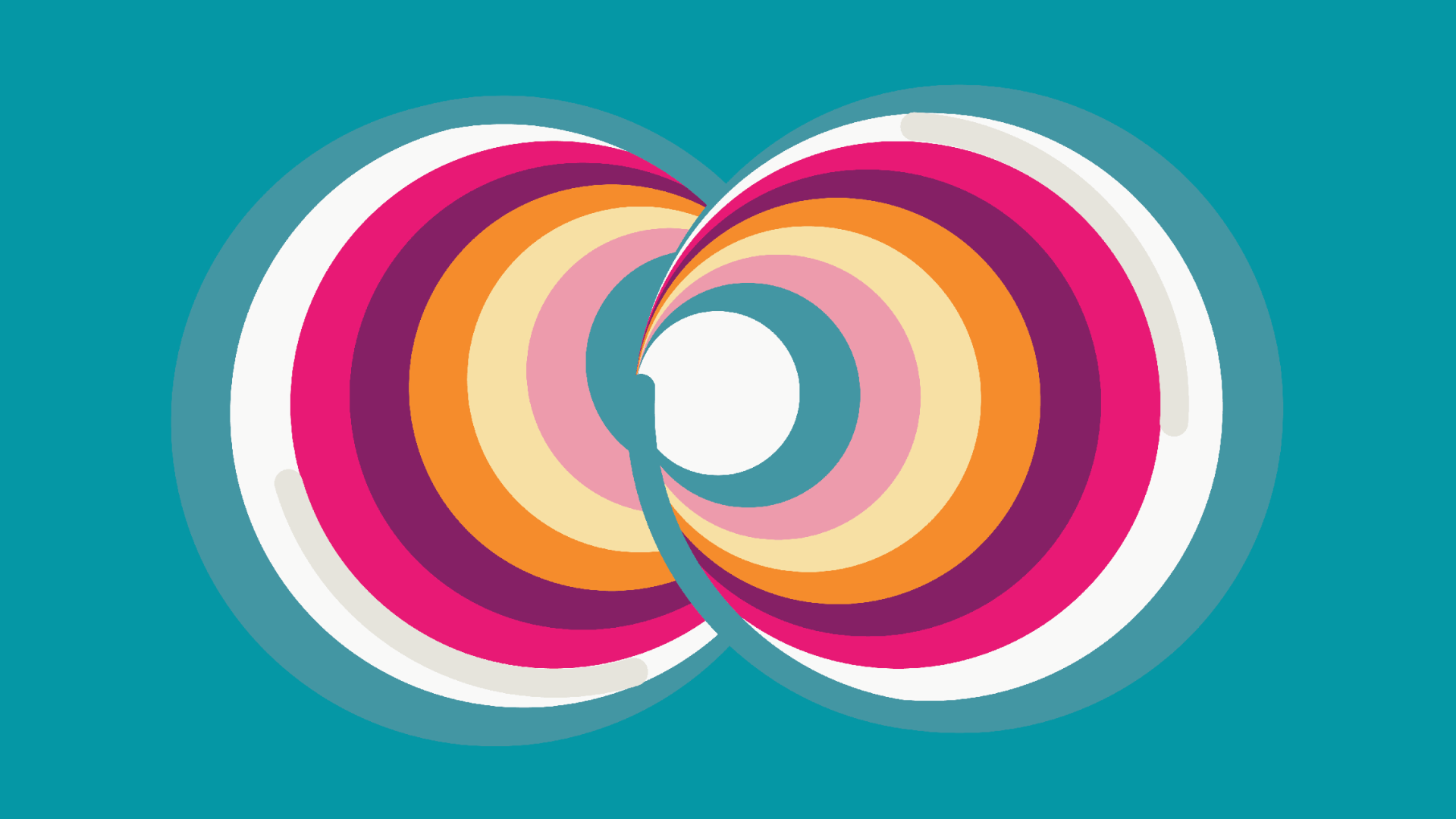 Multicolored overlapping circles against a teal background