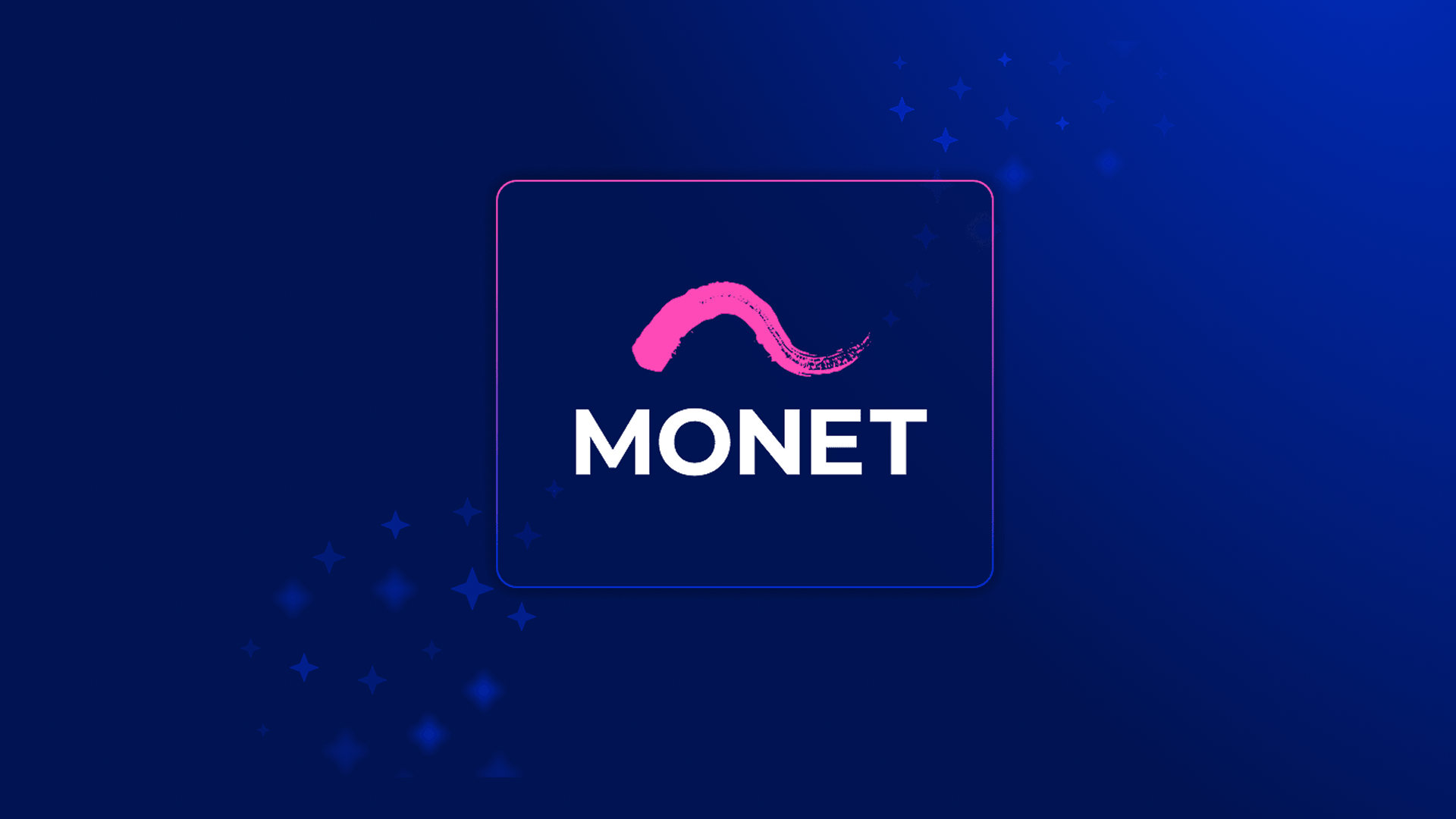 MONET card with pink brushstroke against a dark-blue background