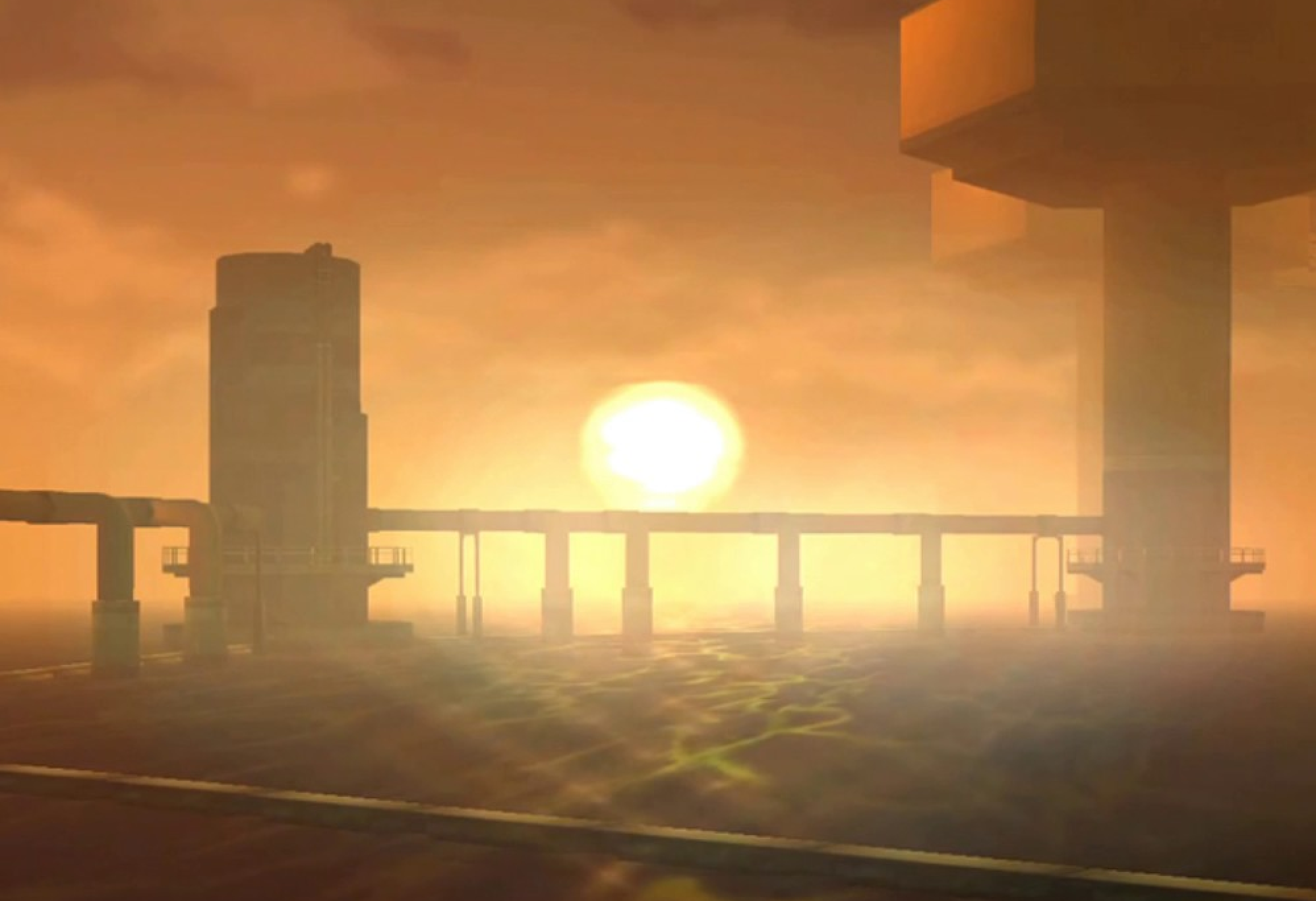 Surreal orange sunset over a monumental geometric landscape